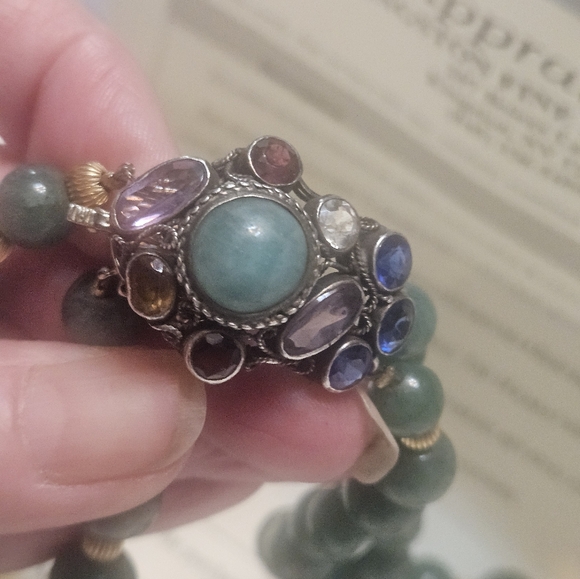 ORIGINAL DOUBLE STRAND NECKLACE ADVENTURINE 14K YELLOW &WHT GOLD.JEWELED CLASP. - Picture 7 of 11